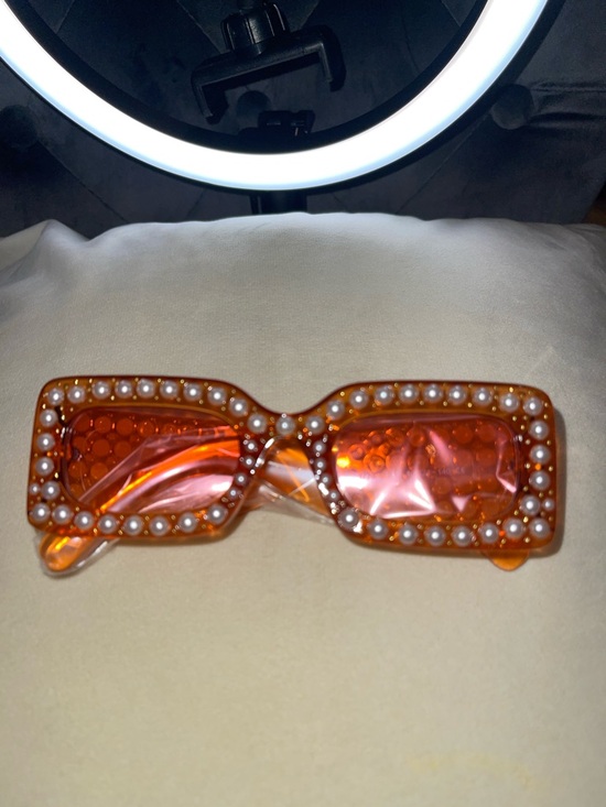 Accessories - Pearl-Trim Orange Rectangular Fashion Sunglasses